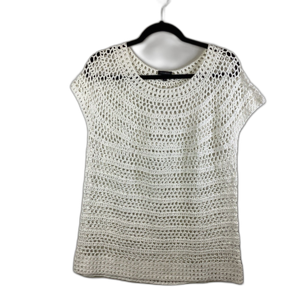 Talbots White Cotton Crochet Overlay Top Women Size Large Tunic 100% Cotton